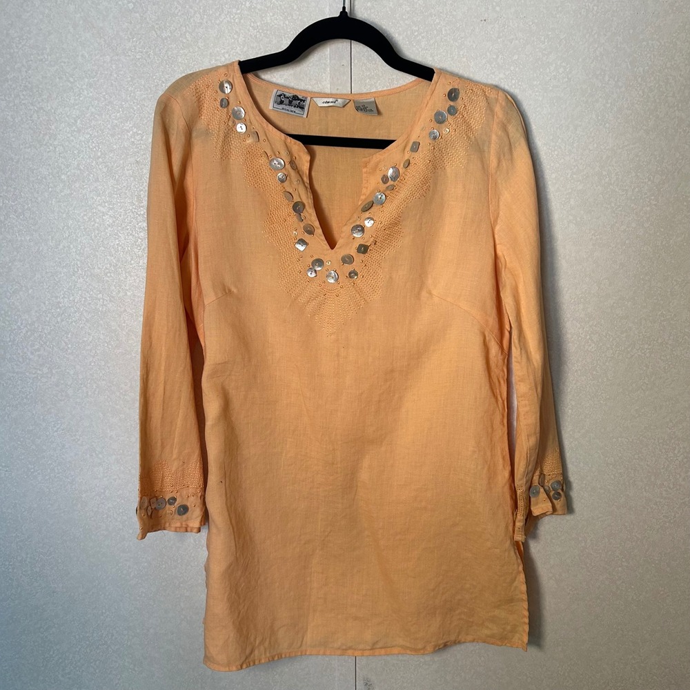 100% Irish Linen tunic mother of pearl buttons detail peach orange Women's 10